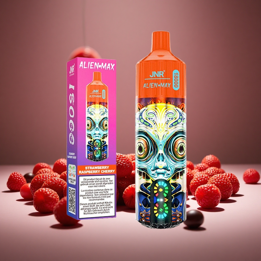 JNR Alien Max 18000 Puffs Strawberry Raspberry Cherry LED Display Dual Mesh Coil 28ml E-liquid 0%/2%/3%/5% Nicotine