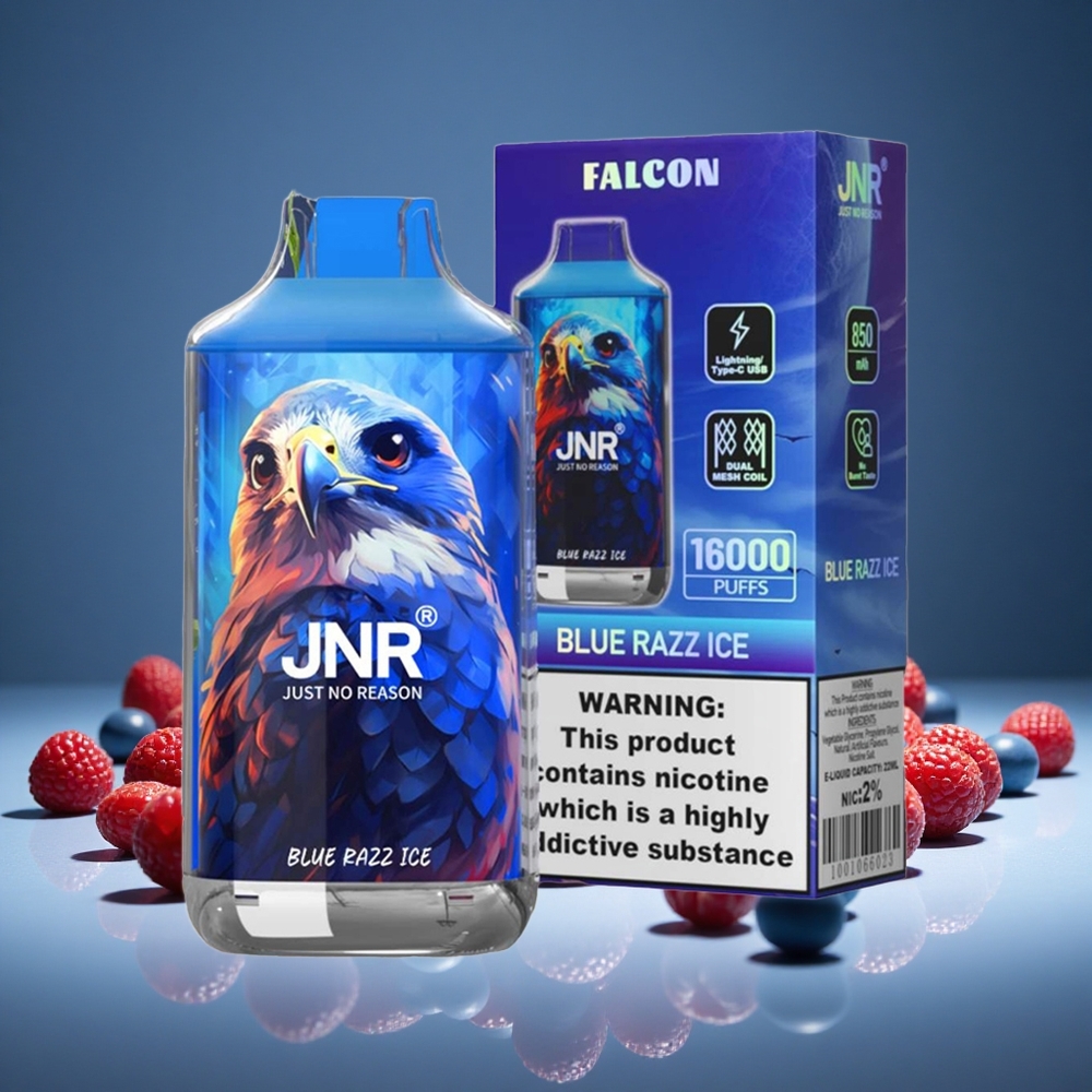 JNR Falcon 16000 Puffs Blue Razz Ice 850mAh Battery 22ml E-liquid Dual Mesh Type C LED Display 0%/2% Nicotine