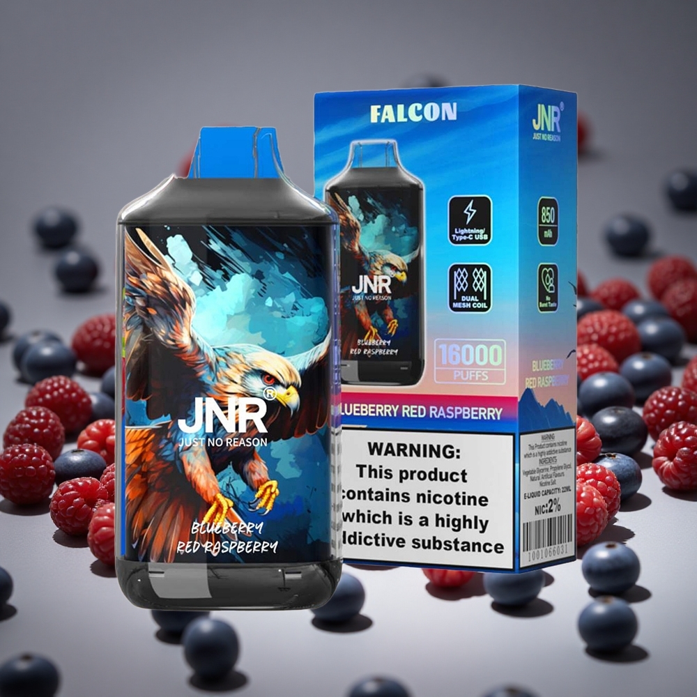 JNR Falcon 16000 Puffs Blueberry Red Raspberry 850mAh Battery 22ml E-liquid Dual Mesh Coil Type C & Lightning