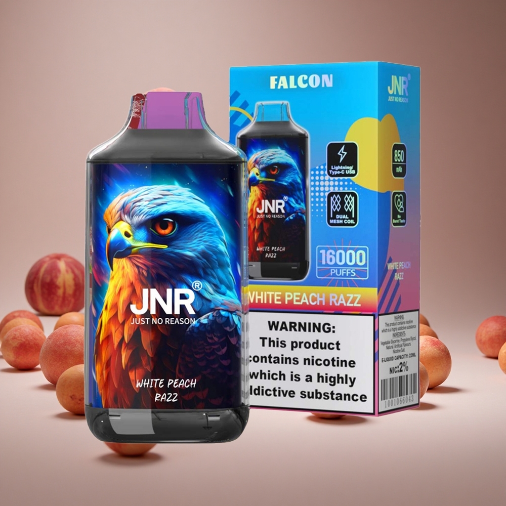 JNR Falcon 16000 Puffs White Peach Razz 22ml E-liquid Type C & Lightning 0%/2% Nicotine Dual Mesh Smart LED Display