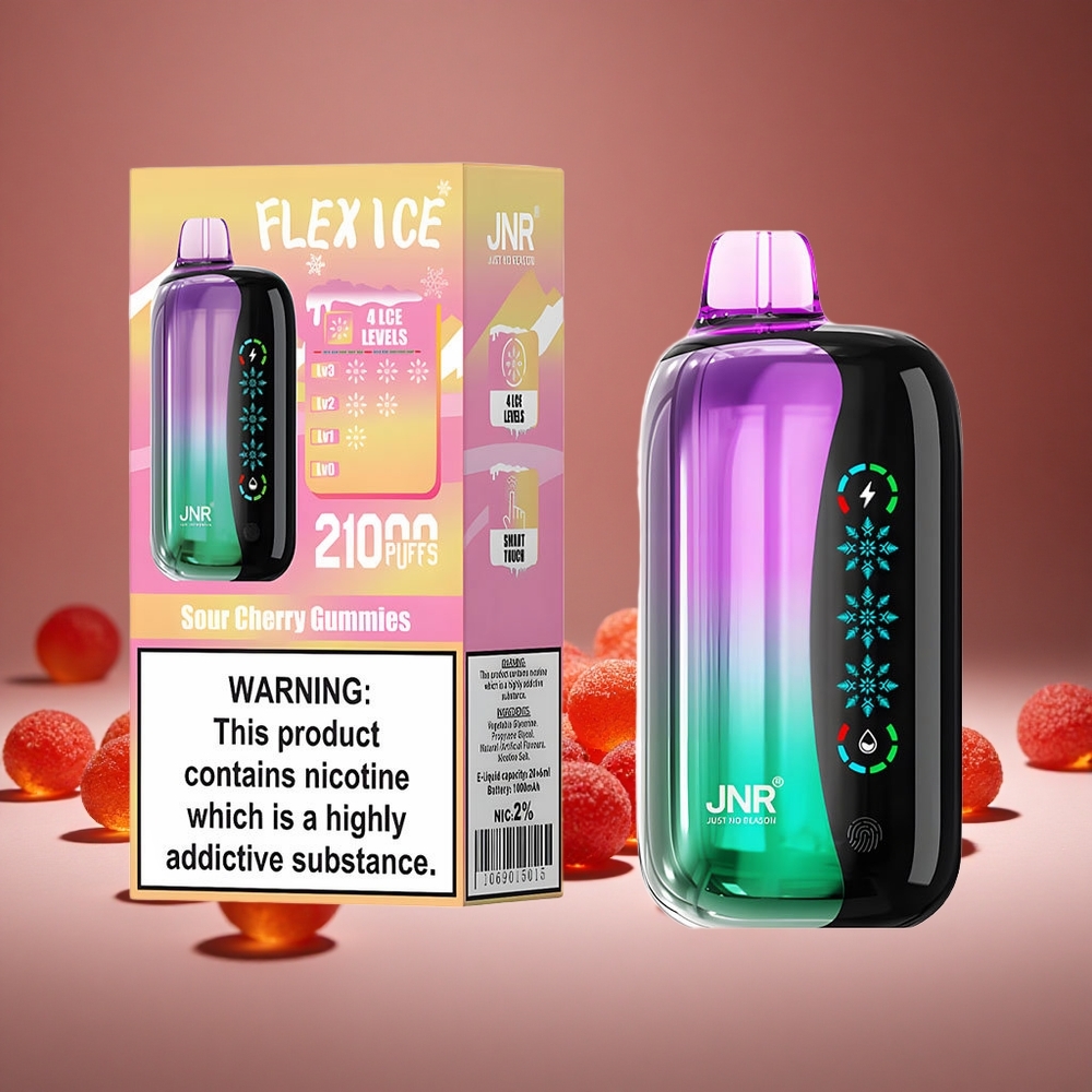 JNR Flex Ice 21000 Puffs Sour Cherry Gummies Disposable Vape with Ice Adjustable, 26ml E-liquid, 1.2 Ohm Dual Mesh