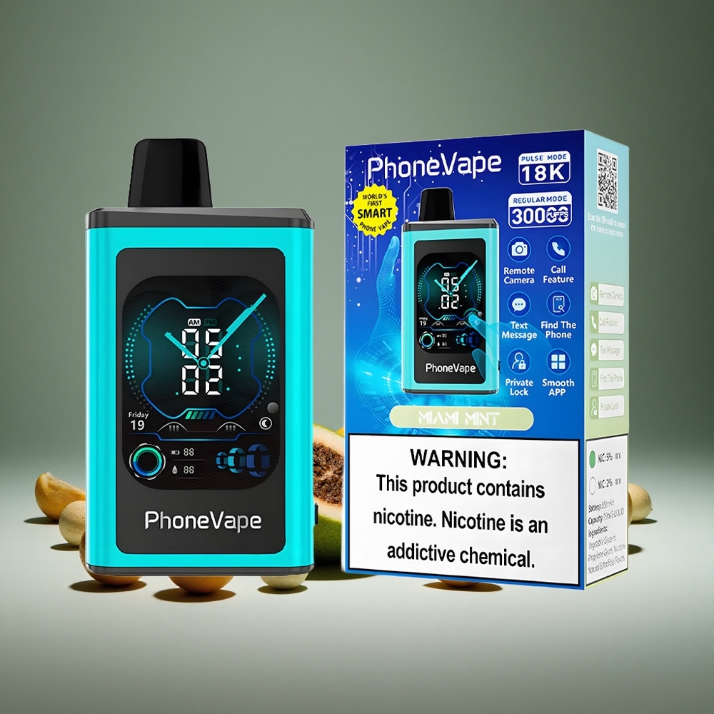 JNR PhoneVape 30000 Miami Mint 850mAh Battery Turbo Adjustable Airflow App Call Text Camera Lock Screen 2%/5% Nicotine