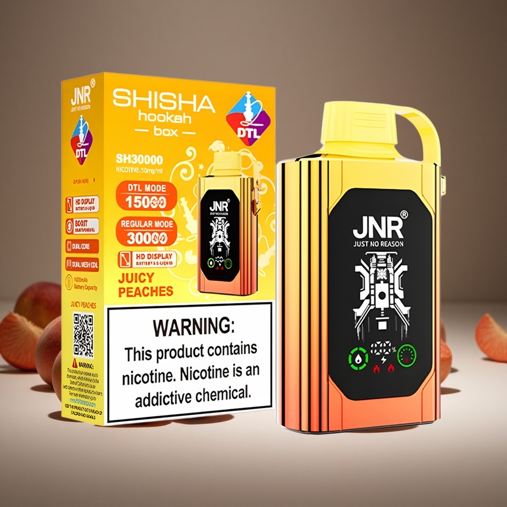 JNR Shisha Hookah 20500 Puffs Juicy Peaches HD Display 1000mAh Battery Dual Mesh Coil Type-C Charge 0%/2%/5% Nicotine