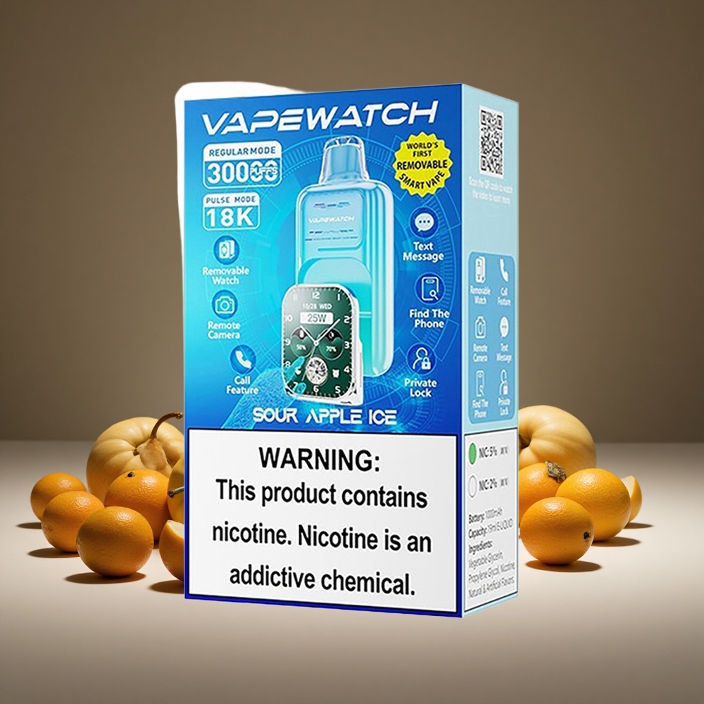 JNR VapeWatch 30000 Puffs Sour Apple Ice 19ml E-liquid 5% Nicotine Dual Mesh 1000mAh Battery Type-C Charge